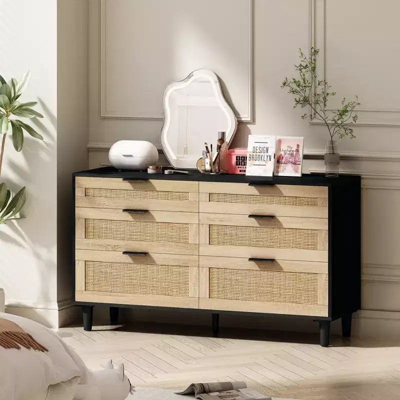 51.18/59.06W Rattan Dresser with 6 Drawers, Storage Cabinet with Metal Handle &amp; Wood Legs - ModernLuxe