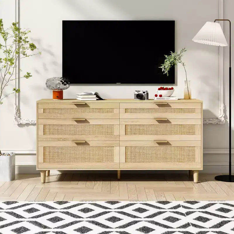 Commode en rotin à 6 tiroirs, Armoire de rangement avec poignée métallique et pieds en bois