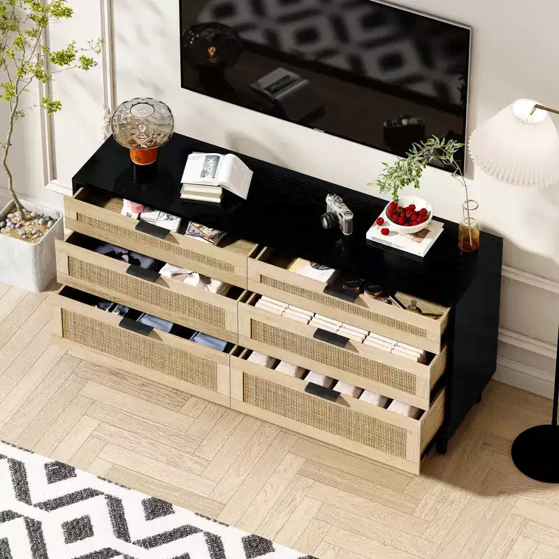 Commode en rotin à 6 tiroirs, Armoire de rangement avec poignée métallique et pieds en bois