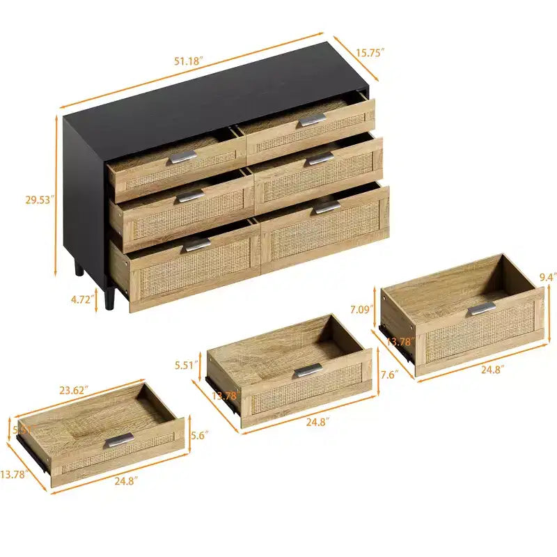 Commode en rotin à 6 tiroirs, Armoire de rangement avec poignée métallique et pieds en bois