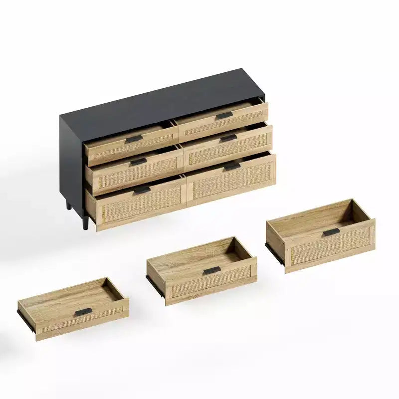 Commode en rotin à 6 tiroirs, Armoire de rangement avec poignée métallique et pieds en bois
