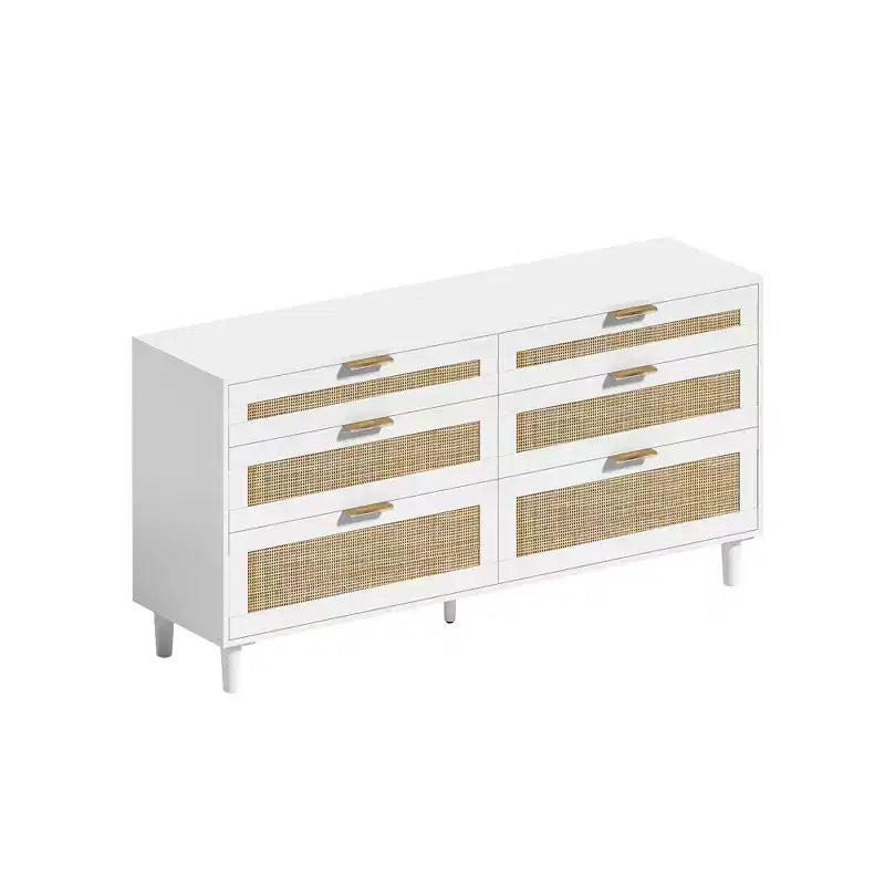 Commode en rotin à 6 tiroirs, Armoire de rangement avec poignée métallique et pieds en bois