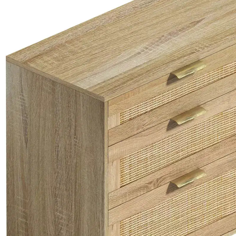Commode en rotin à 6 tiroirs, Armoire de rangement avec poignée métallique et pieds en bois