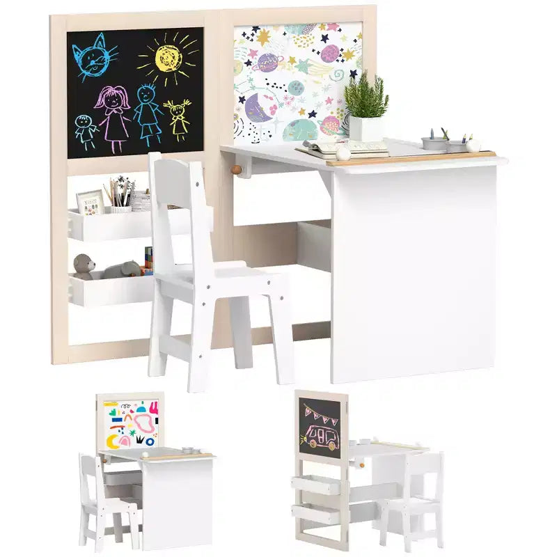 Qaba Kids Table and Chair Set, 3 in 1 Kids Art Table and Chair Set with Storage Shelves, Blackboard, Whiteboard, Roll Paper, for 3-8 Years, White