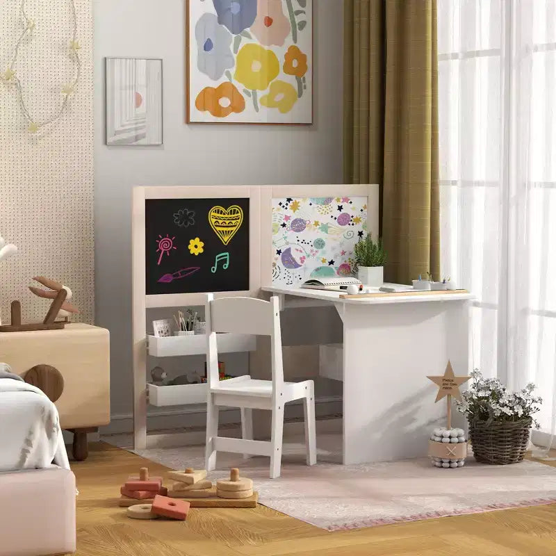 Table et chaise pour enfants, table et chaise d'art pour enfants 3 en 1 avec étagères de rangement, tableau noir