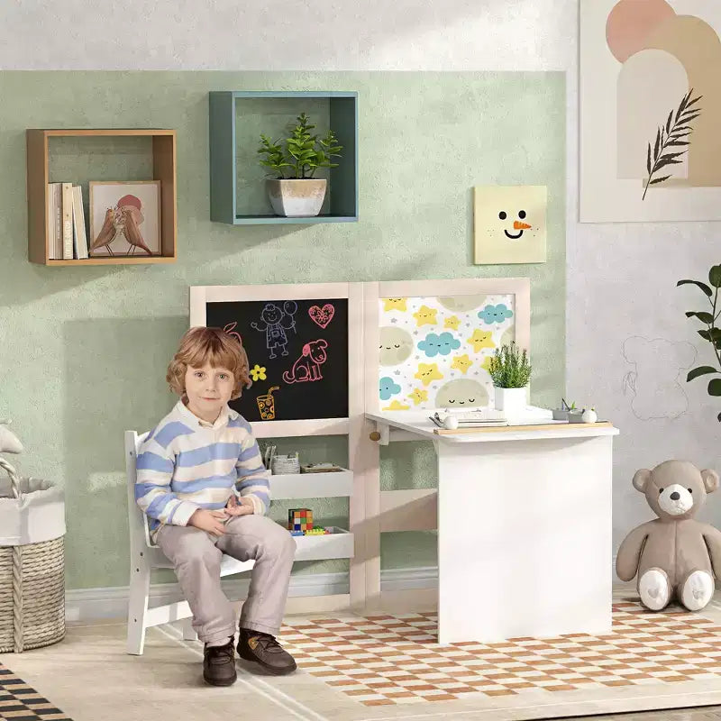 Table et chaise pour enfants, table et chaise d'art pour enfants 3 en 1 avec étagères de rangement, tableau noir