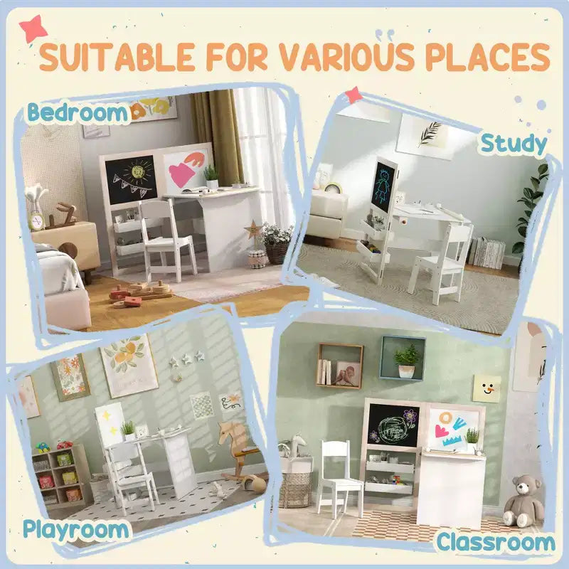 Table et chaise pour enfants, table et chaise d'art pour enfants 3 en 1 avec étagères de rangement, tableau noir