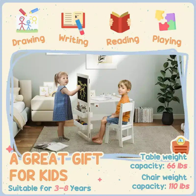 Table et chaise pour enfants, table et chaise d'art pour enfants 3 en 1 avec étagères de rangement, tableau noir
