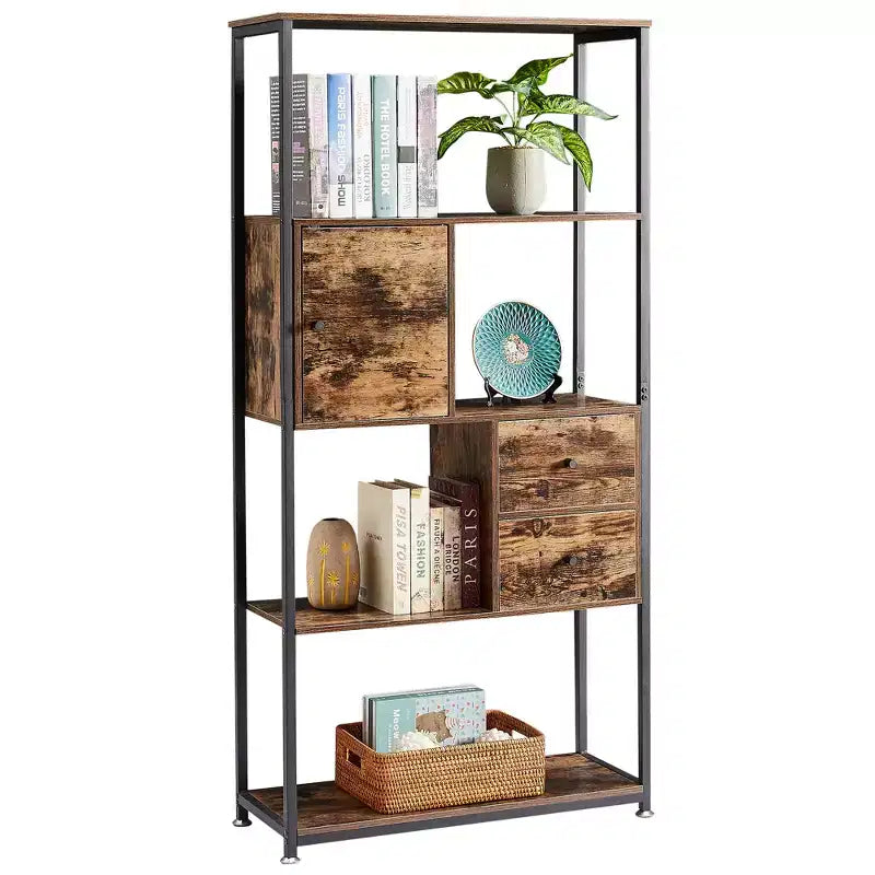 VECELO 62 Tall Bookcase, Industrial Storage Shelf with 2 Drawers, 5-Tier Bookshelf, Classic Brown