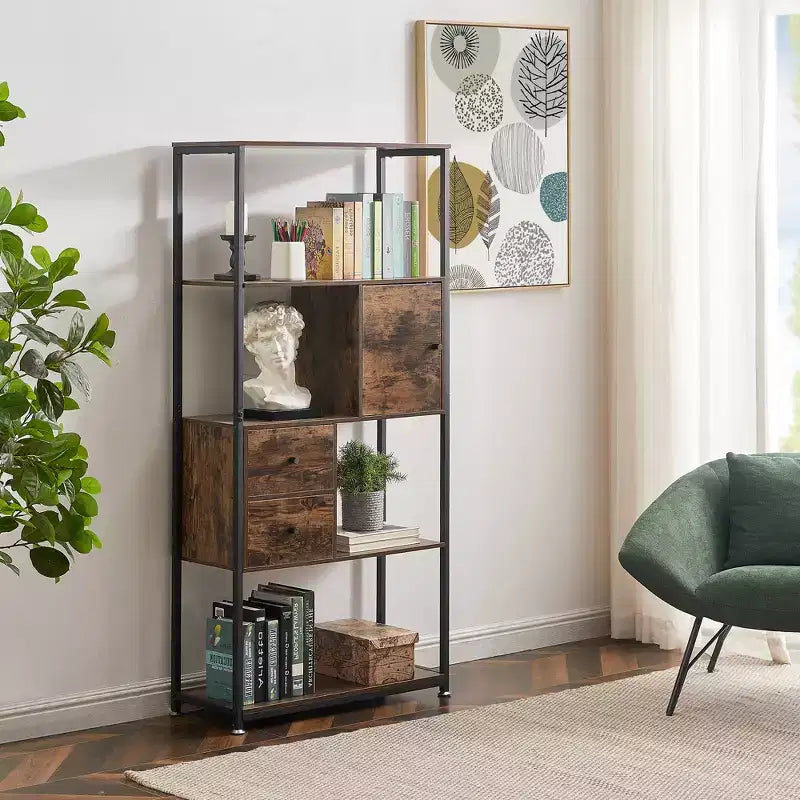 Étagère de rangement industrielle à 2 tiroirs, bibliothèque à 5 niveaux, marron classique