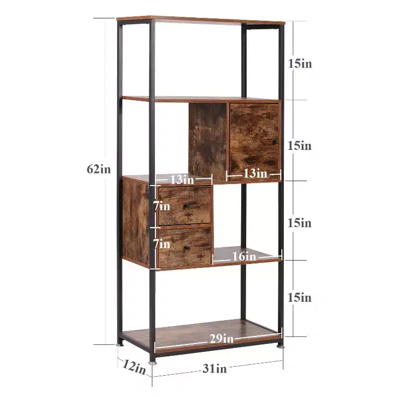 Étagère de rangement industrielle à 2 tiroirs, bibliothèque à 5 niveaux, marron classique