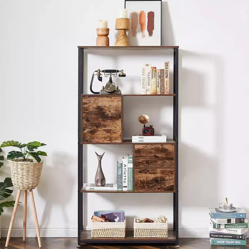 Étagère de rangement industrielle à 2 tiroirs, bibliothèque à 5 niveaux, marron classique