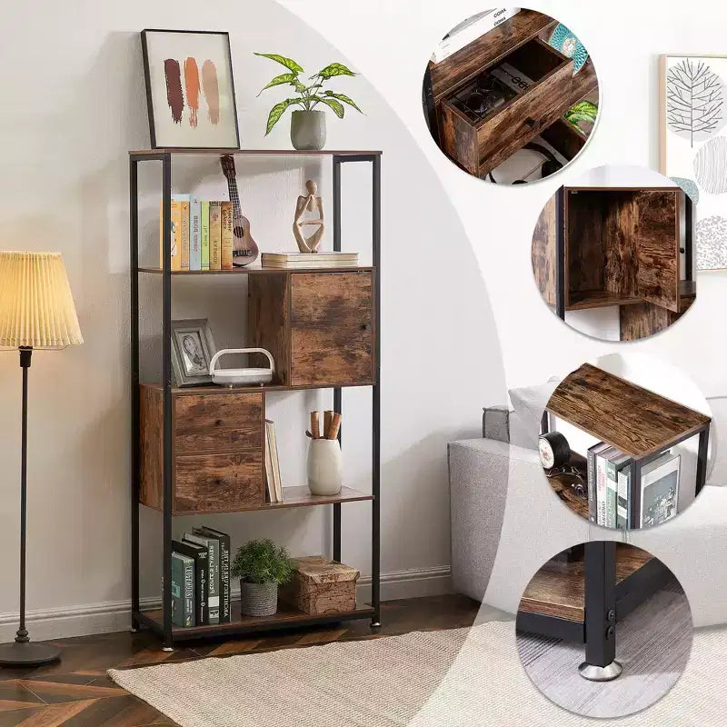 Étagère de rangement industrielle à 2 tiroirs, bibliothèque à 5 niveaux, marron classique
