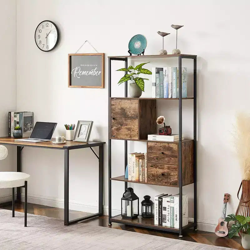 Étagère de rangement industrielle à 2 tiroirs, bibliothèque à 5 niveaux, marron classique