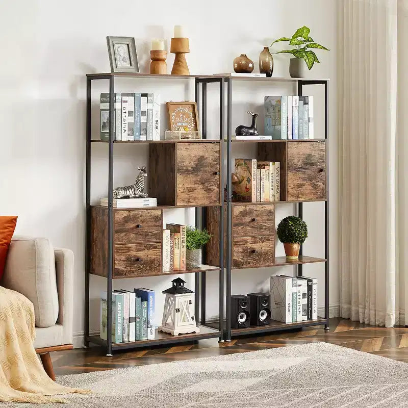 Étagère de rangement industrielle à 2 tiroirs, bibliothèque à 5 niveaux, marron classique