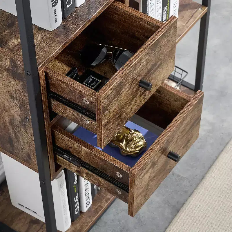 Étagère de rangement industrielle à 2 tiroirs, bibliothèque à 5 niveaux, marron classique