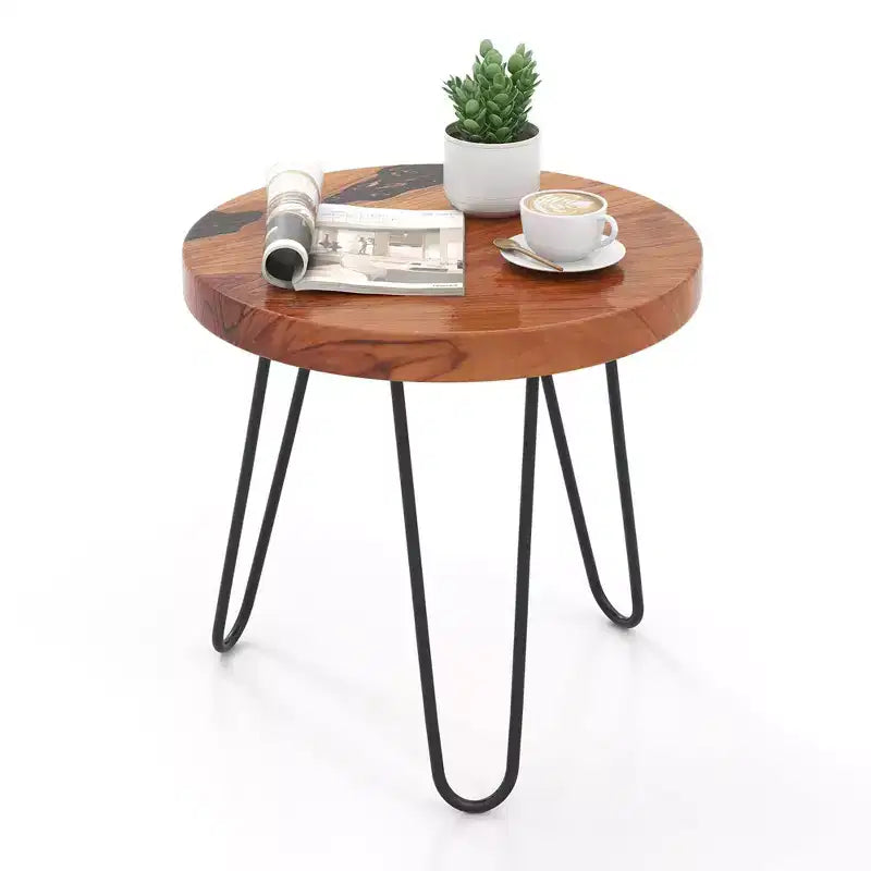 Costway 20 Round Teak Wood End Table Solid Live Edge Outdoor Side Table with Metal Frame