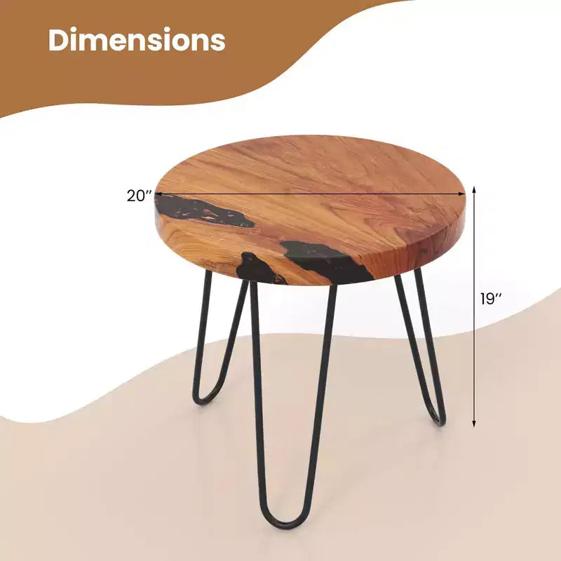 Table d'appoint ronde en bois de teck massif avec bords naturels et cadre en métal