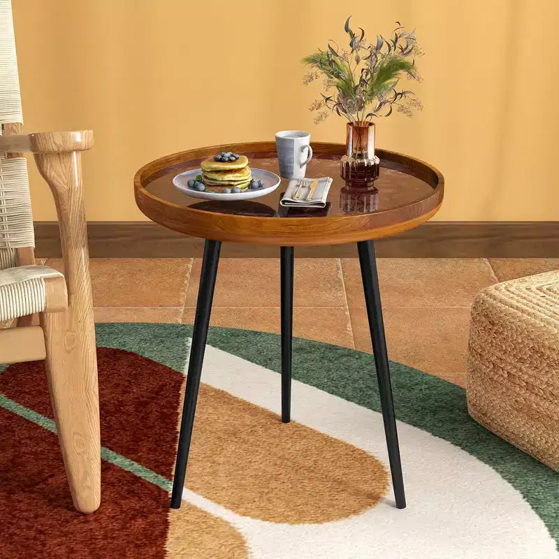Table d'appoint ronde en bois de teck massif avec bords naturels et cadre en métal