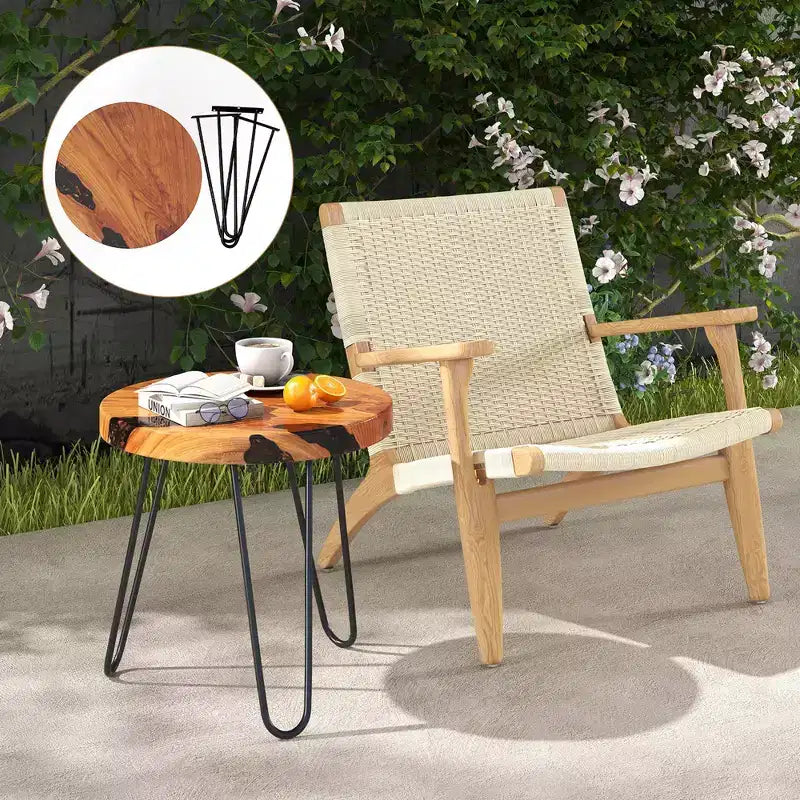 Table d'appoint ronde en bois de teck massif avec bords naturels et cadre en métal