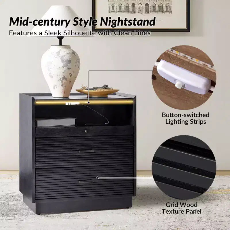 Table d'appoint avec port USB et lumière LED noire
