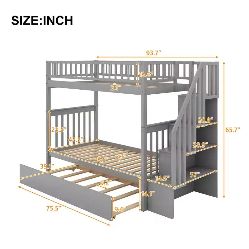 Lit superposé double en bois avec lit gigogne double et étagères de rangement
