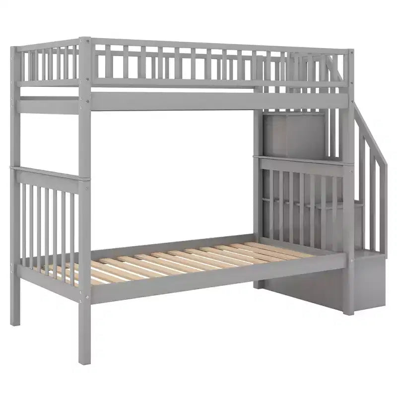 Lit superposé double en bois avec lit gigogne double et étagères de rangement