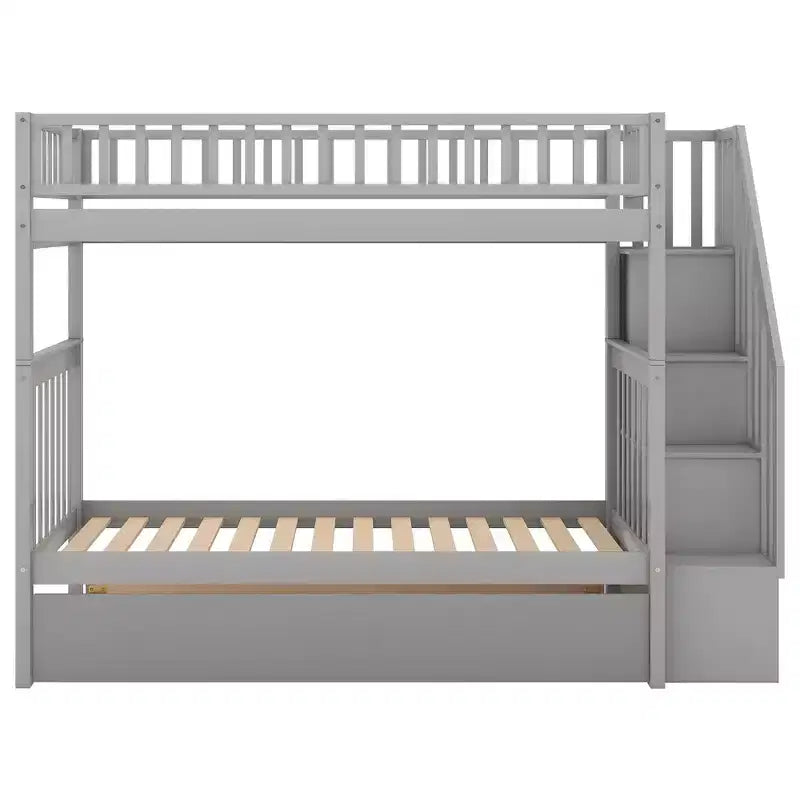 Lit superposé double en bois avec lit gigogne double et étagères de rangement