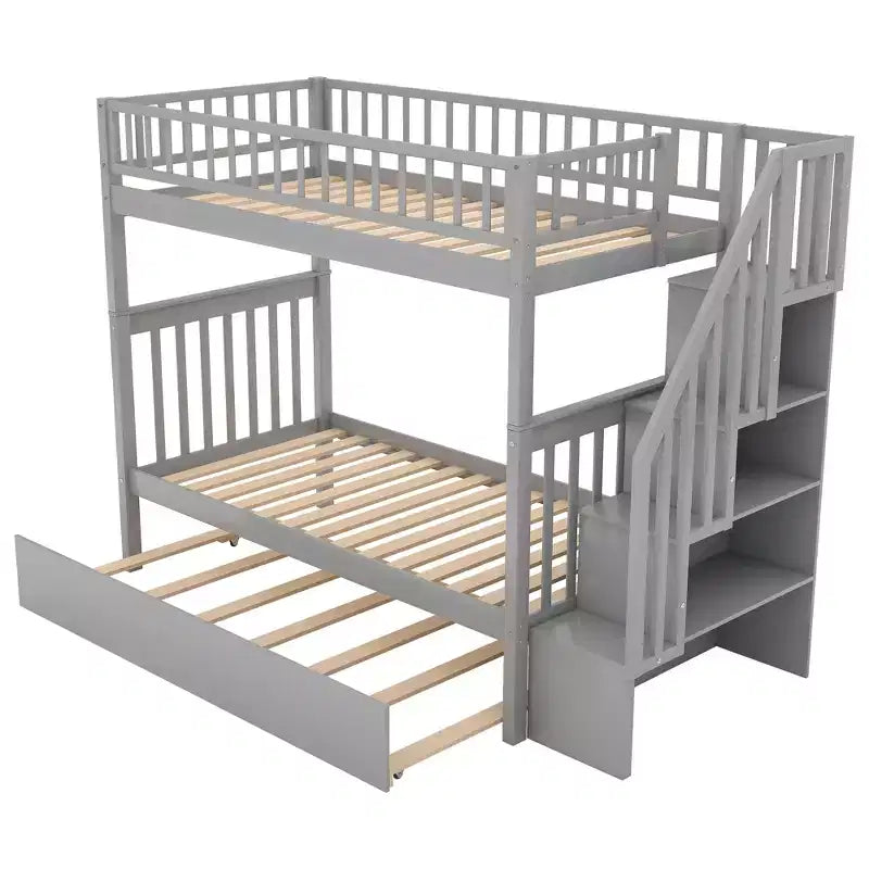 Lit superposé double en bois avec lit gigogne double et étagères de rangement