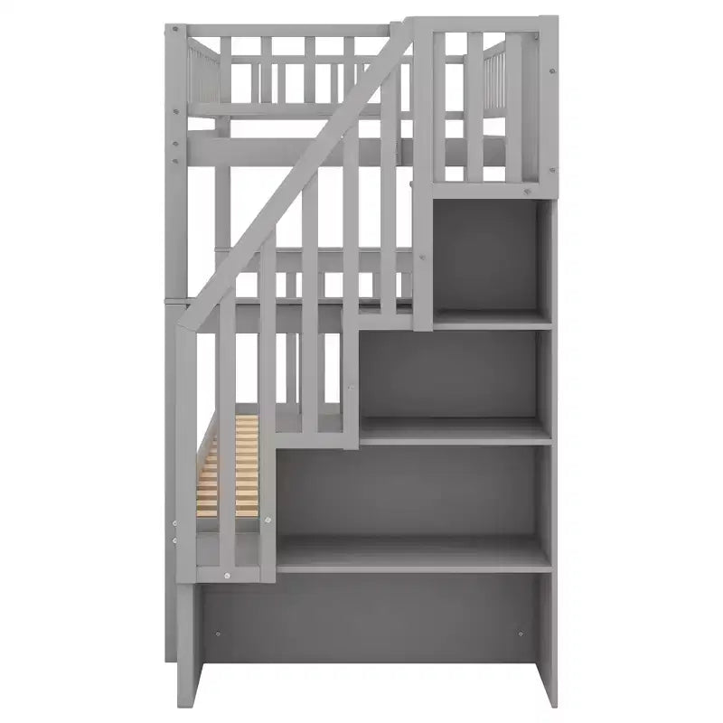 Lit superposé double en bois avec lit gigogne double et étagères de rangement