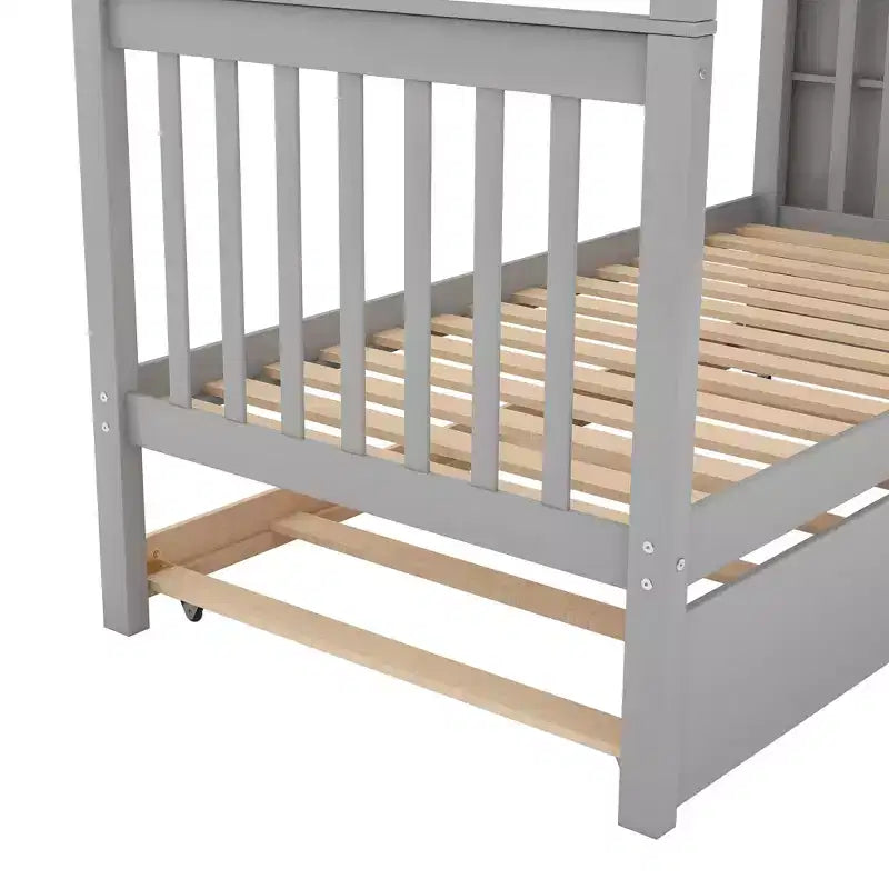 Lit superposé double en bois avec lit gigogne double et étagères de rangement
