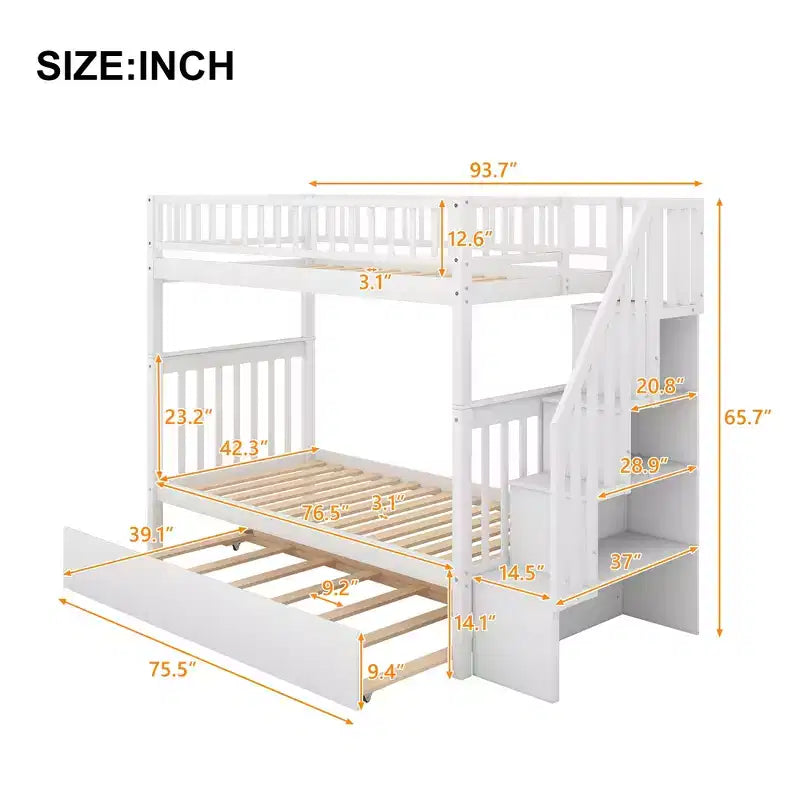 Lit superposé double en bois avec lit gigogne double et étagères de rangement