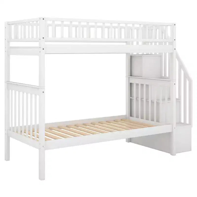 Lit superposé double en bois avec lit gigogne double et étagères de rangement