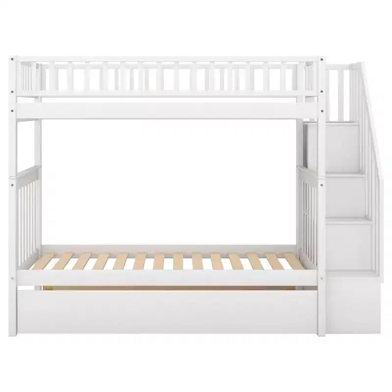 Lit superposé double en bois avec lit gigogne double et étagères de rangement
