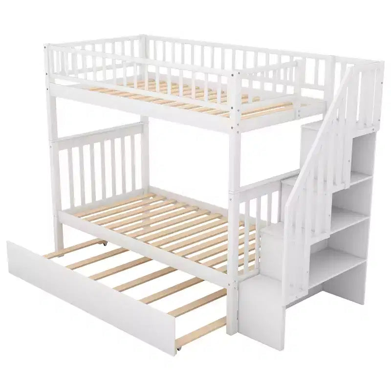 Lit superposé double en bois avec lit gigogne double et étagères de rangement