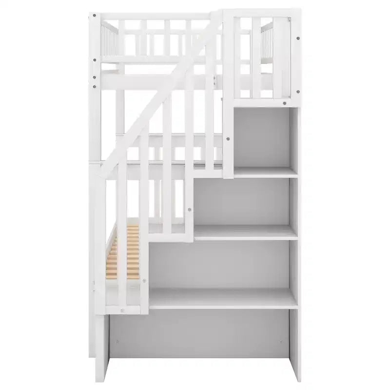 Lit superposé double en bois avec lit gigogne double et étagères de rangement