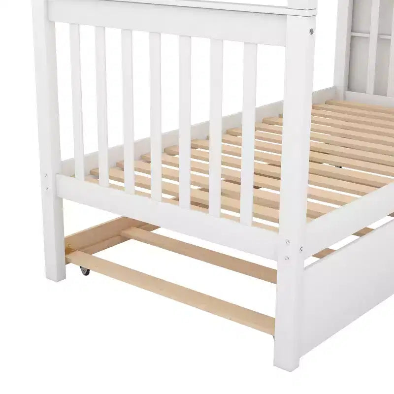 Lit superposé double en bois avec lit gigogne double et étagères de rangement
