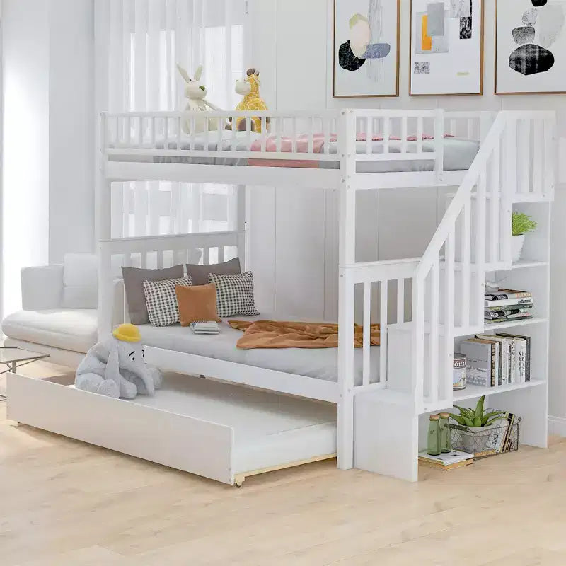 Twin over Twin Wooden Bunk Bed with Twin Trundle and Storage Shelves -ModernLuxe