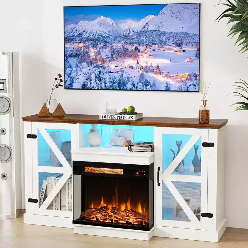 Meuble TV cheminée 58 pouces avec foyer électrique en verre 3 faces de 23 pouces et lumières LED 20 couleurs