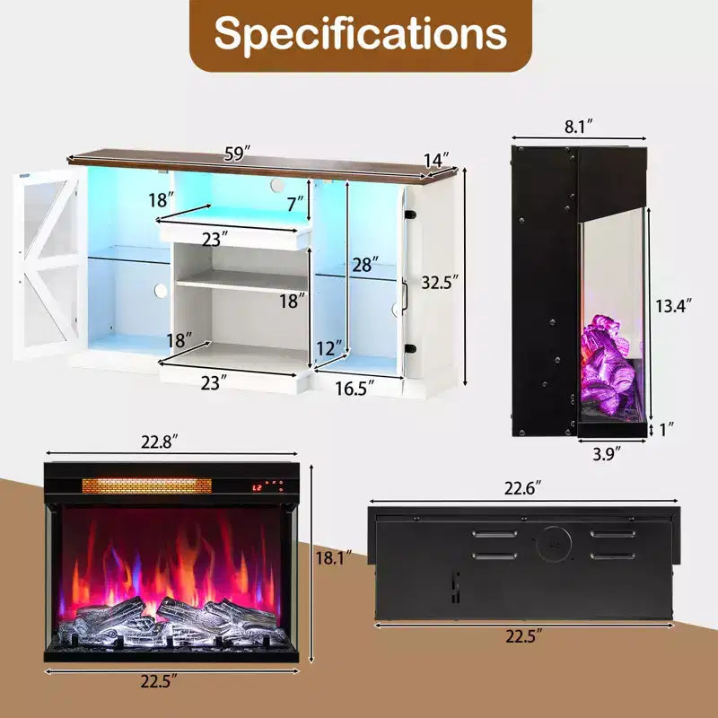 Meuble TV cheminée 58 pouces avec foyer électrique en verre 3 faces de 23 pouces et lumières LED 20 couleurs