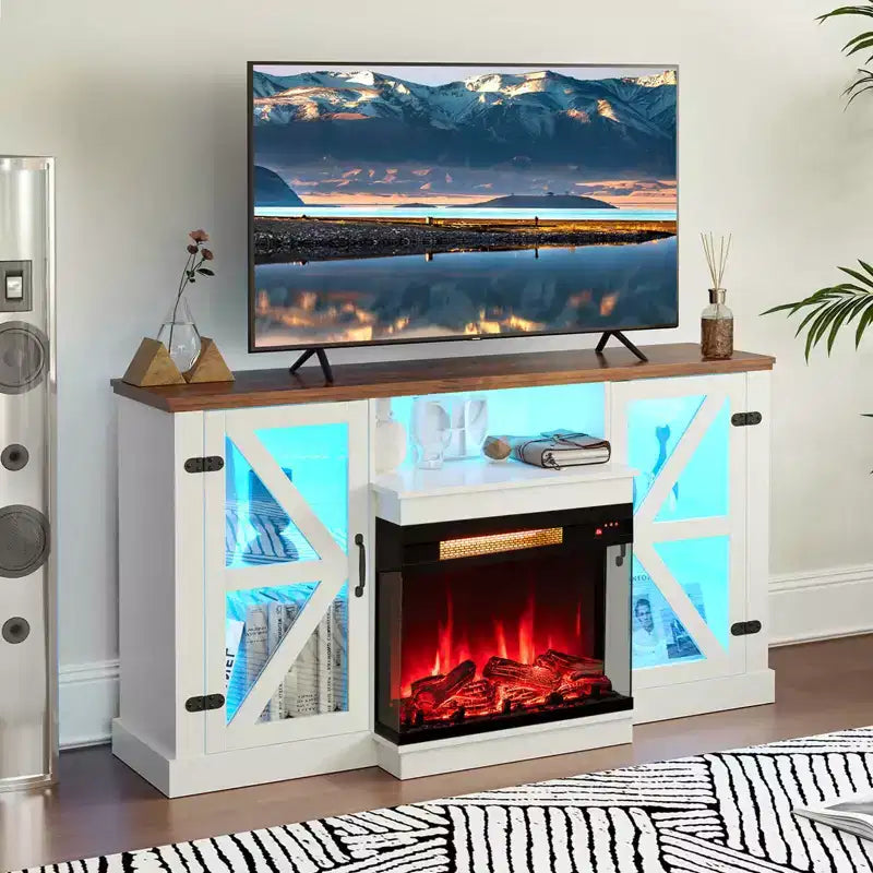 Meuble TV cheminée 58 pouces avec foyer électrique en verre 3 faces de 23 pouces et lumières LED 20 couleurs