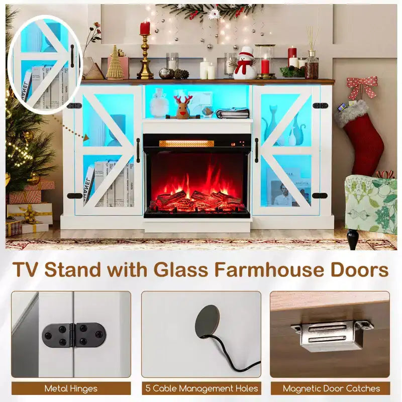 Meuble TV cheminée 58 pouces avec foyer électrique en verre 3 faces de 23 pouces et lumières LED 20 couleurs