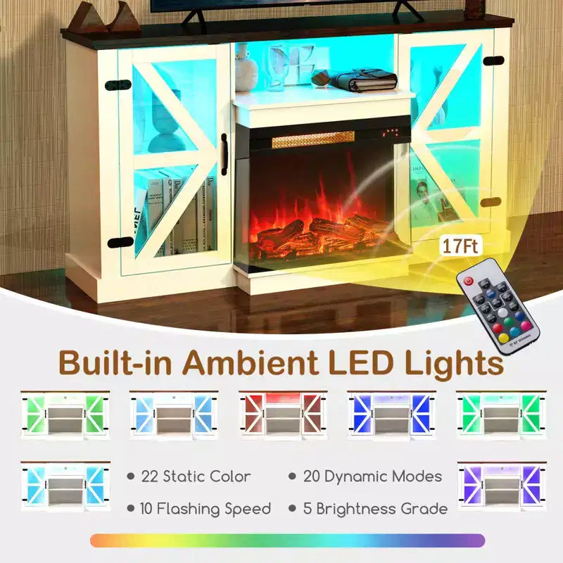 Meuble TV cheminée 58 pouces avec foyer électrique en verre 3 faces de 23 pouces et lumières LED 20 couleurs