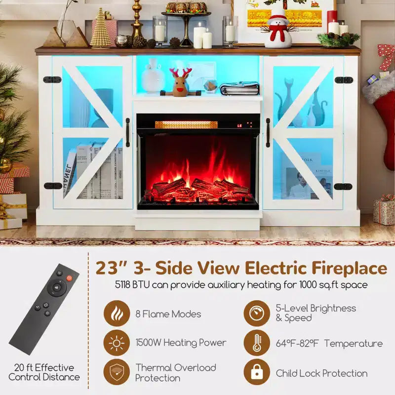 Meuble TV cheminée 58 pouces avec foyer électrique en verre 3 faces de 23 pouces et lumières LED 20 couleurs