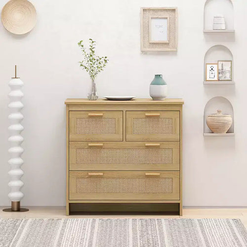 4-Drawers Dresser Modern Rattan Storage Cabinet Wooden Chest For Bedroom Living Room Dining Room Hallways