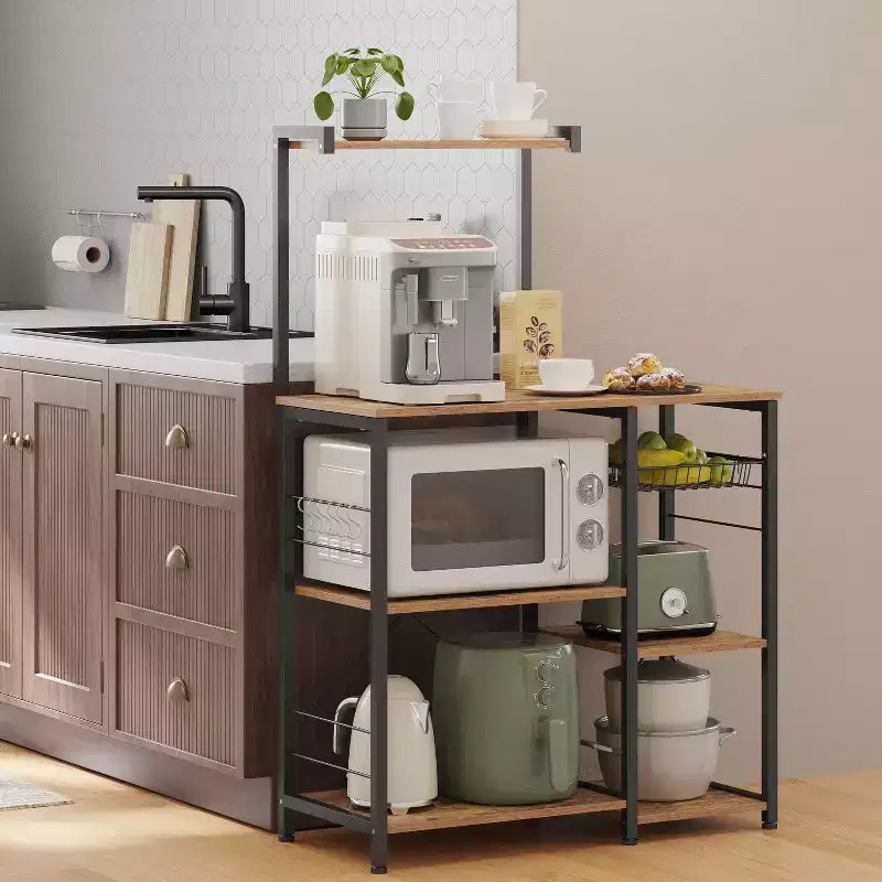 Étagère de boulanger, support pour micro-ondes, étagère de rangement de cuisine avec panier métallique