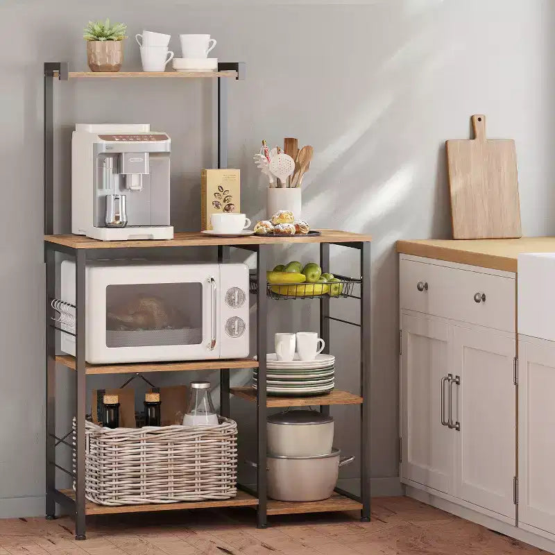 Étagère de boulanger, support pour micro-ondes, étagère de rangement de cuisine avec panier métallique
