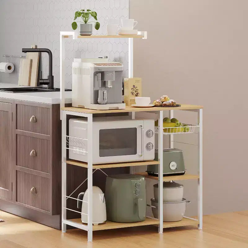 Étagère de boulanger, support pour micro-ondes, étagère de rangement de cuisine avec panier métallique