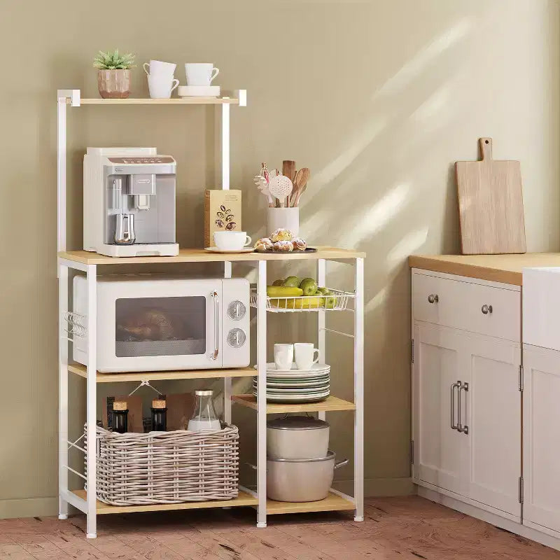 Étagère de boulanger, support pour micro-ondes, étagère de rangement de cuisine avec panier métallique