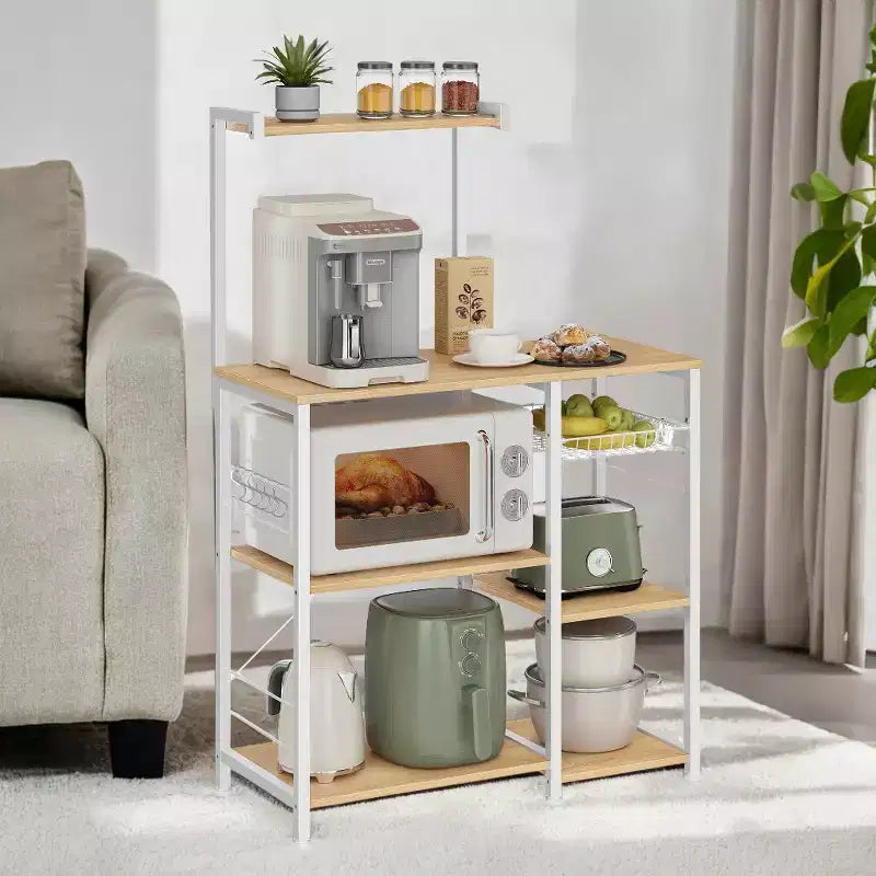 Bakers Rack, Microwave Stand, Kitchen Storage Rack with Wire Basket, 6 Hooks, and Shelves